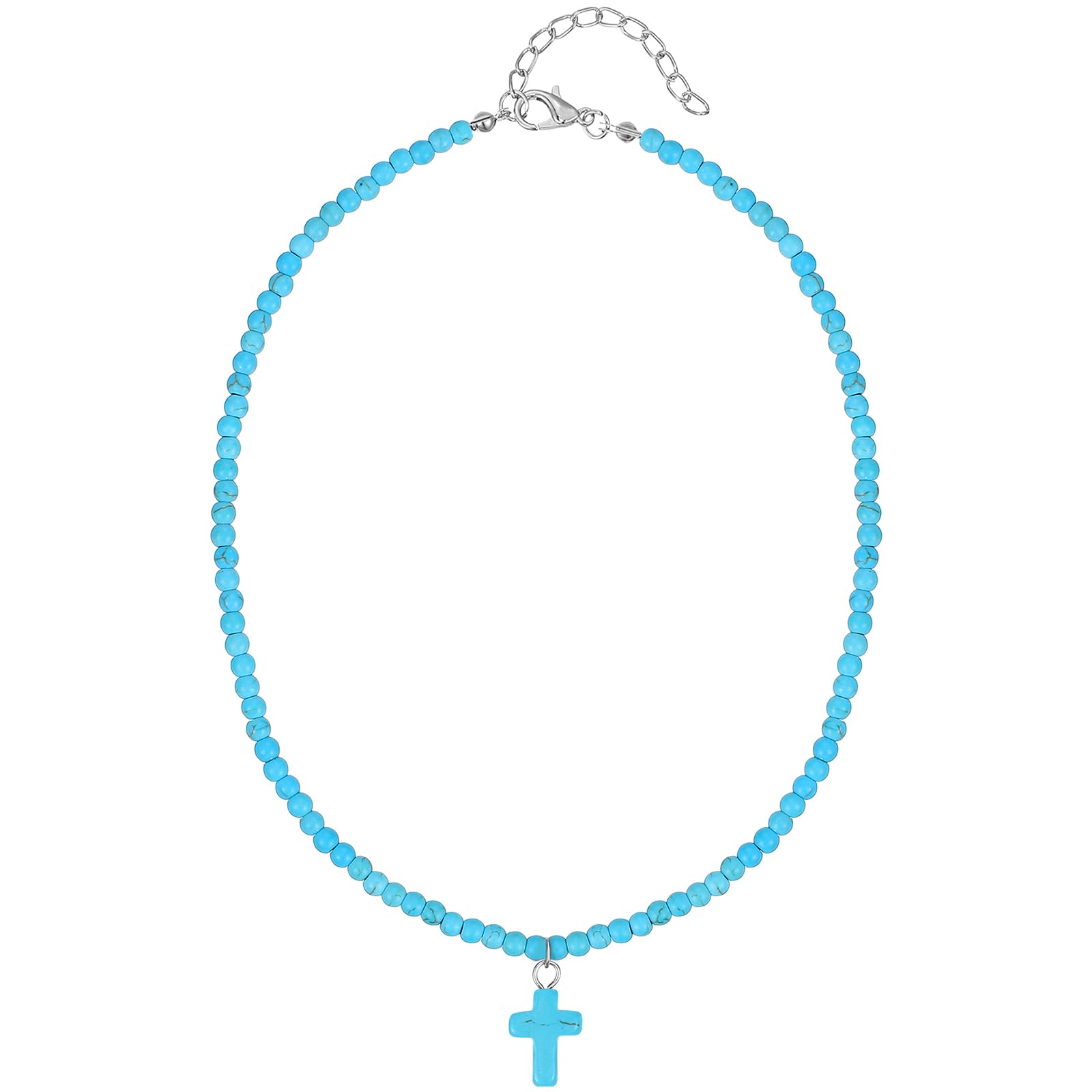 VALICLUDTurquoise Cross Necklace Christian Cross Pendant Clavicle Beads Choker for Women