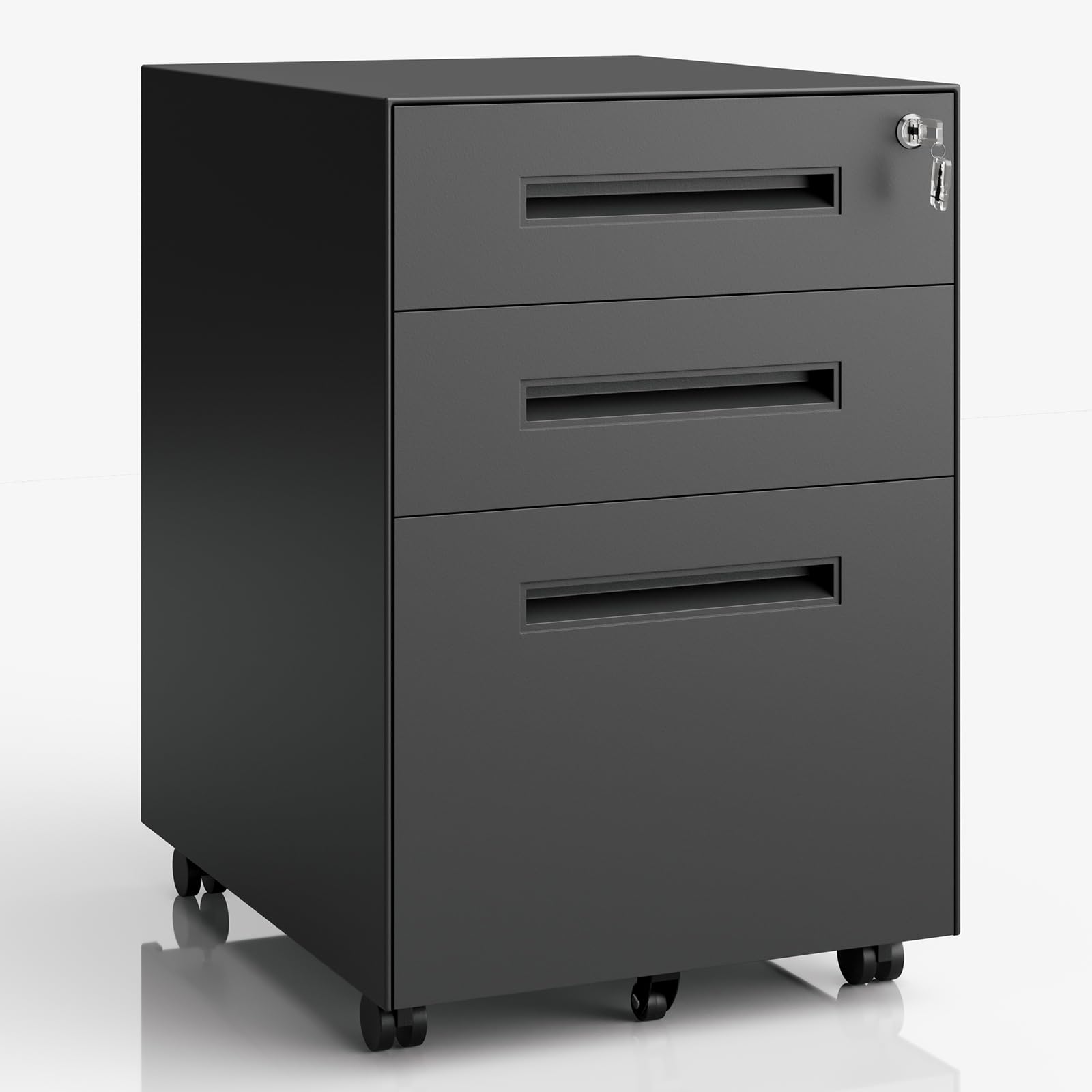 Dripex Caisson Bureau 3 Tiroirs, Caisson de Bureau Métal avec roulettes et Serrure pour Rangement de Documents et Dossier Suspendu pour Travail, Bureau à Domicile, 45 x 39 x 60 cm - Noir