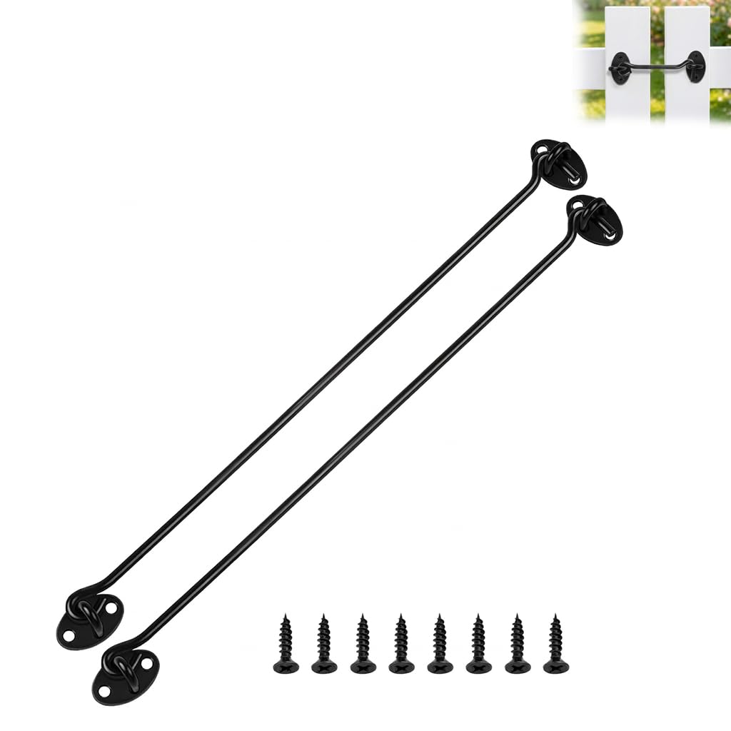 16 Inch Hook and Eye Latch 2 Pack Black Stainless Steel Cabin Hook Lock 400mm Heavy Duty Sliding Door Latch with Screws for Shed Barn Door Gate Window Garden Patio Indoor Outdoor Use