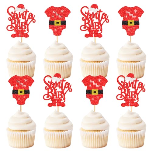 Keaziu 24 Pack Santa Baby Christmas Cupcake Toppers Picks - Red Cloth HoHoHo Celebrate Theme for Birthday Party Cake Decorations Supplies
