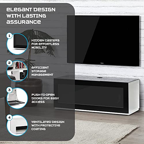 Image of SONOROUS ST-110 Premium TV Stand with White Wood & Black Glass Cover - Modern Entertainment Center & Media Console for Living Room - TV Cabinet up to 65 Inch with Hidden Wheels - Sleek Storage Design