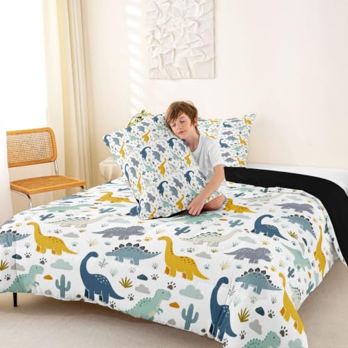 Image of Feelyou Dinosaur Kids Comforter Set Full Size 3D Dino Print Bedding Set Jungle Dino Duvet Quilt for Kids Boys Girls Bedroom Wild Animal Decor Microfiber Ultra Soft Breathable