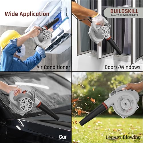 Image of BUILDSKILL 525W Air Blower Machine with 14000 RPM No Load Speed | Air Flow of 3.6 m3 /min | Continuous Start Switch | Protection Cap | Ideal Leaf Blower for Cleaning Dust PC, Car, Homes etc. | Grey