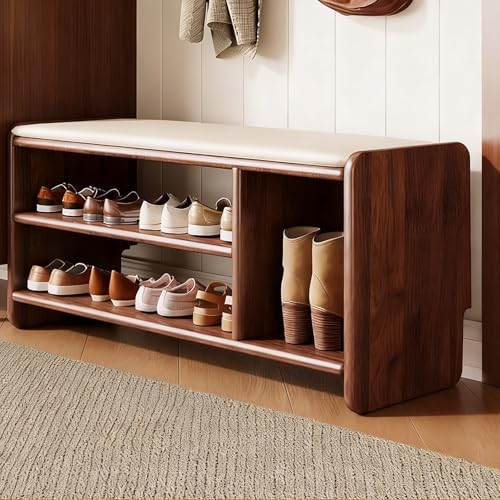 ZUGIATP Zapatero De Madera para La Entrada Zapatero Tapizado Banco Pequeño De Cuero Ideal para Salas De Estar Dormitorios Comedores Y Entradas(Walnut,80cm/31in)