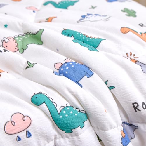 Image of Caressma Toddler Bedding Set Dinosaur Pattern Nursery Comforter for Kids | Cartoon Print 4 Pieces Toddler Bed In A Bag, White Bed Set With Comforter, Fitted Sheet, Flat Sheet & Pillowsham