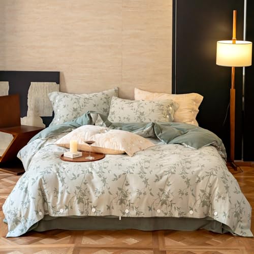 VM VOUGEMARKET Linen Cotton Duvet Cover Queen,3 Pcs Yarn-Dyed Jacquard Textured Duvet Cover with Button Closure Botanical Leaves Bedding Set-90"x90",Sage Green