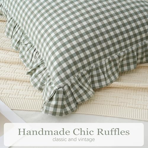 2 Pack Sage Green/White Plaid Ruffle Throw Pillow Covers Farmhouse Checkered Chic Washed Cotton Pillowcases Gingham Pillow Shams for Bed, Sofa, Living Room-20"x20" Sage Green