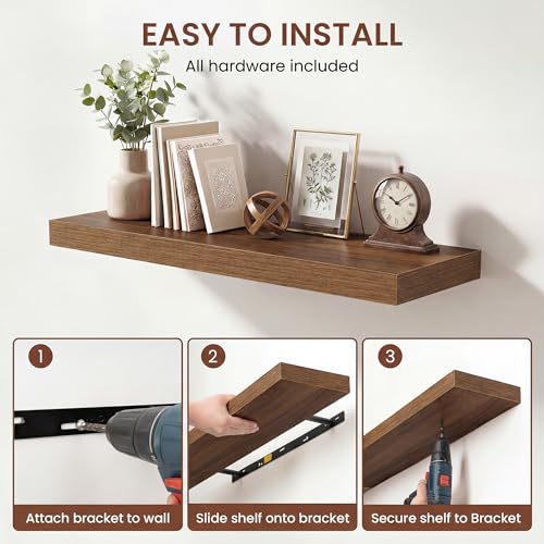 Image of Dreamland 16 Inches Floating Shelves for Wall, 9.3 inch Deep Long Floating Shelves Set of 2, Large Display & Storage Shelf, Wall Shelf for Bathroom Bedroom Living Room Kitchen Office, Walnut