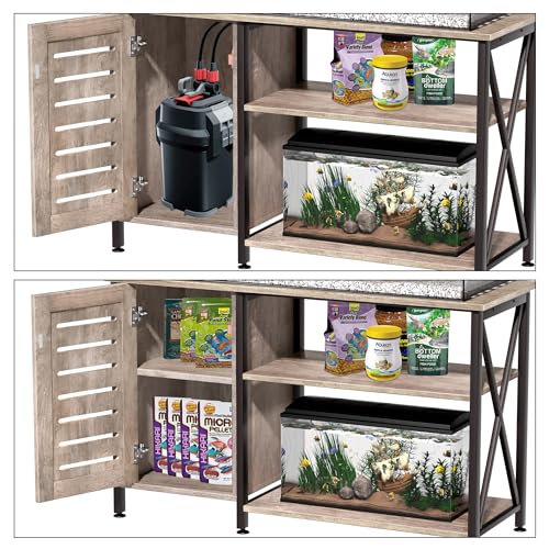 Image of Herture 55-75 Gallon Fish Tank Stand, Aquarium Stand with Power Outlets and Cabinet for Fish Tank Accessories Storage, Heavy Duty Metal Frame, 52 inch L*19.68 inch W Tabletop, 1200LBS Capacity, Grey PG05YGZ
