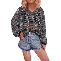 Ghemdilmn Camisa de mujer a cuadros de manga larga de ganchillo de punto corto sexy transparente de malla neón para mujer, Negro , M