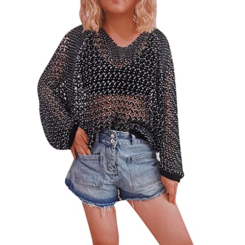 Ghemdilmn Hemd Damen Kariert Frauen Langarm Häkeln gestrickt Kurze sexy transparente Netztop Neon Netzoberteil Damen Cover