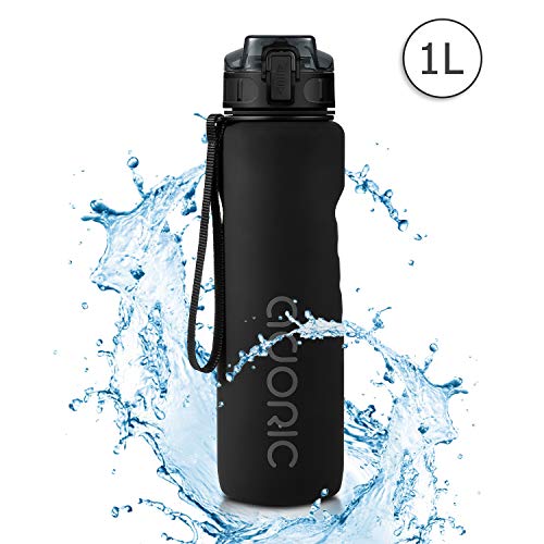 Adoric Sport Trinkflasche, [BPA Frei Tritan] 1000ML 1L Auslaufsicher Kunststoff Wasserflasche Sport, Sportflasche Fahrrad für Camping Freien, Outdoor, Yoga, Gym,Schwarz