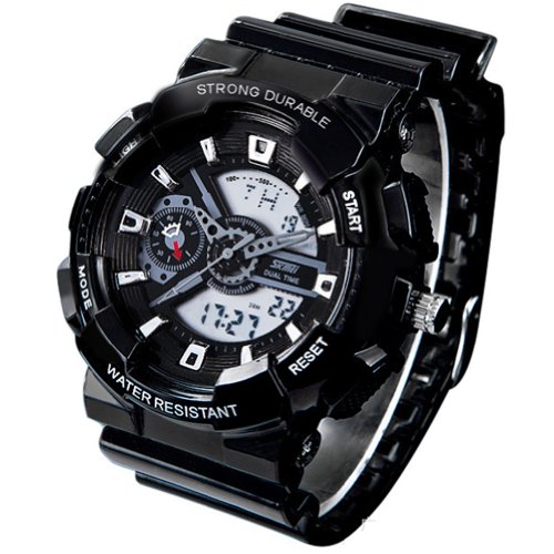 New Unisex Fashion Sport Watch Analog/Digital Water Resist Dual Time Multifunction Alarm Led Womens Mens Wristwatch 6 Colours Option (Black01)