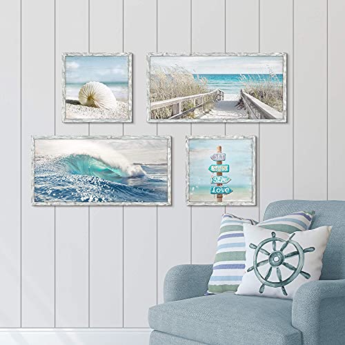 Ocean Pictures Wooden Artwork Framed - Seascape Rolling Wave Painting Multi-Panel Wall Art Prints for Living Room Overall 48"W x 32"H - Image 2