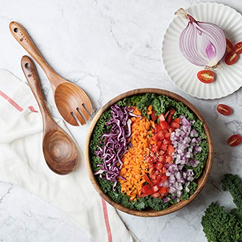 Acacia Wood Salad Bowl With Servers Set - Large 9.4 Inches Solid Hardwood Salad Wooden Bowl With Spoon For Fruits ,Salads And Decoration By Avami #TOP5