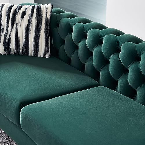 Image of KEIKI 84 inch Chesterfield Velvet Tufted Button Sofa with Removable Cushions and 2 Toss Pillows, Modern 3-Seater Couch with 4 Gold Metal Legs, Easy Assembly, for Living Room, Bedroom, Apartment, Green