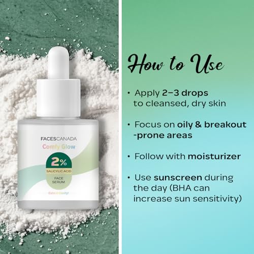 Image of FACES CANADA Comfy Glow 2% Salicylic Acid w /w Face Serum - 15ml | Clears Acne & Blackheads | Unclogs Pores | Controls Oil | Even Skin Tone | Smooth Skin Texture | Gentle Exfoliation