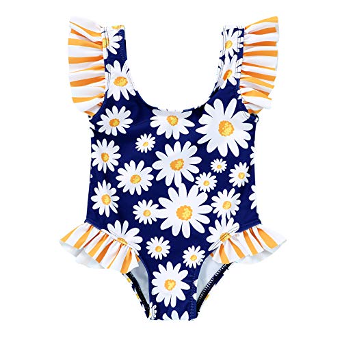 Tiny Cutey Toddler Baby Girls Swimsuit Ruffled Sleeveless Swimwear One-Piece Beachwear Bathing Suit 6M-4Y (Dark Blue-Flower, 6-12 Months)