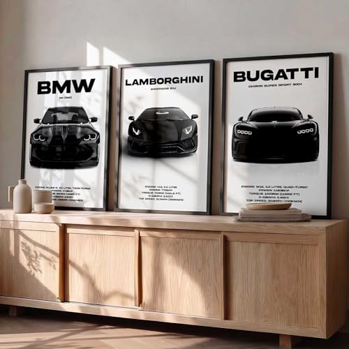 Image of walllane Big BMW M3, Lamborghini Aventador, Bugatti Chiron Cars Framed Posters Gift Items for Boys Room Wall Decoration | Car Poster Frame for Wall Decor Set Of 3 Size (13x17 inch), Framed