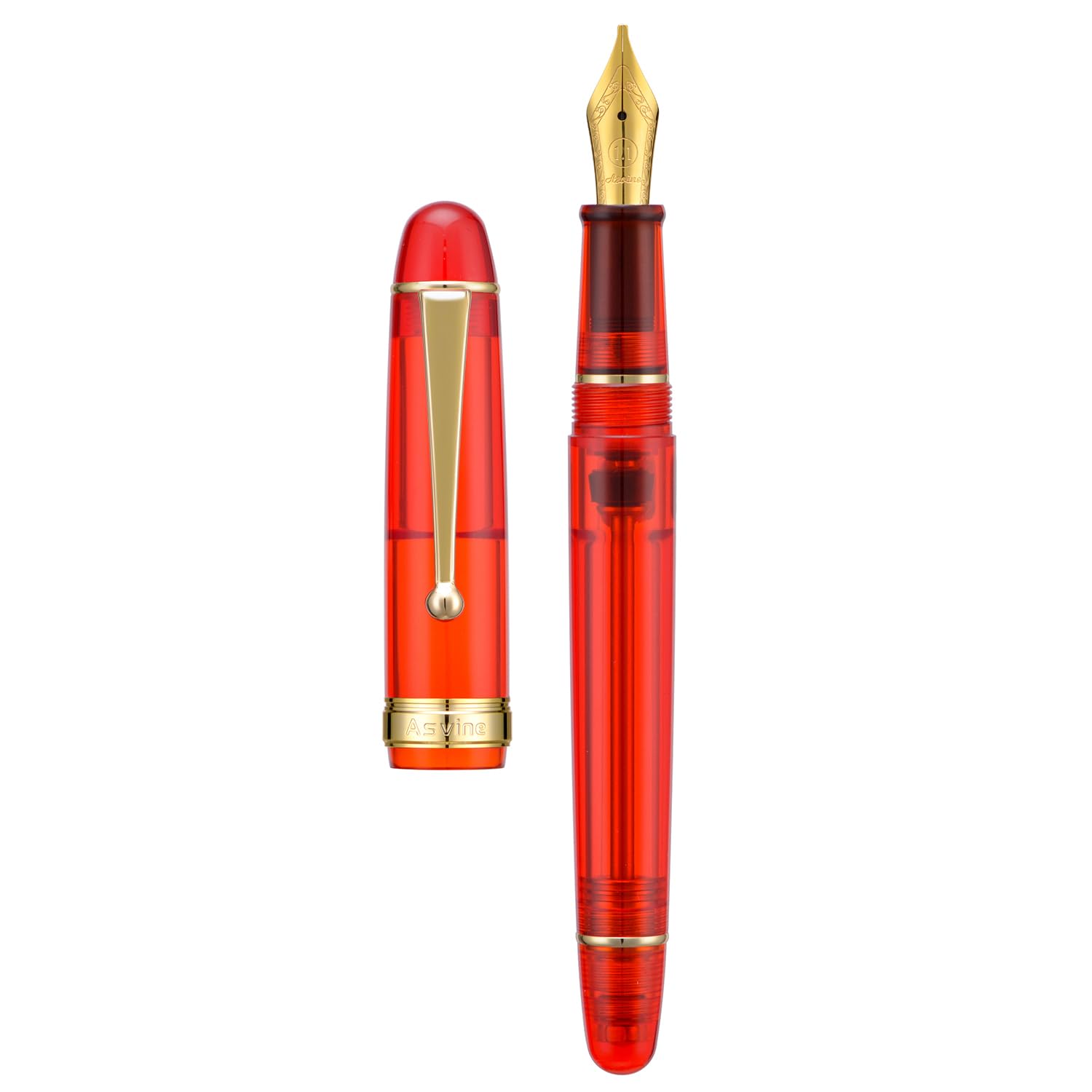 Asvine V126 Vacuum Filling Fountain Pen Transparent Red Acrylic, Medium Nib Large-Capacity with Gift Case