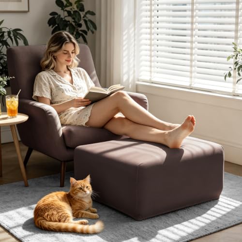 Image of YISUN Super Stretch Square Ottoman Cover - Soft Form Fit Ottoman Slipcover for Foot Stool & Folding Storage, Washable Furniture Protector with Non-Slip Elastic Bottom (L, Coffee)