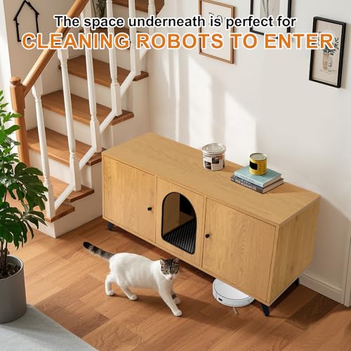QuicMiou Cat Litter Box Enclosure for 2 Cats, Modern Hidden Litter Box Furniture with Double Room, Large Cat House Washroom Cabinet with Scratch Pad, 46.5\" x 19.7\" x 19.7\" (Natural Oak) - Thumbnail 7