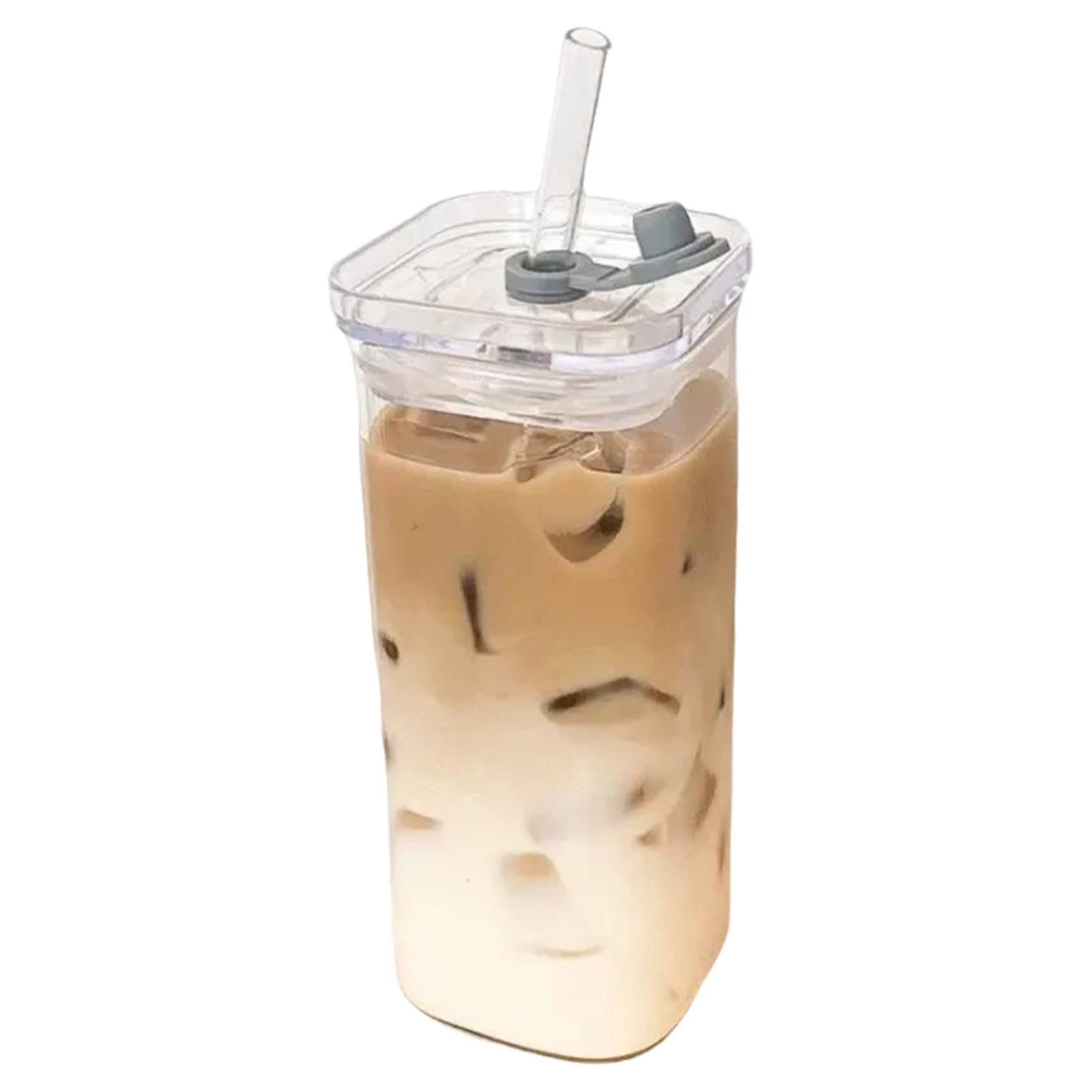 Nukinp Glass Cups with Lids and Straws, 400ml Clear Portable Safe Square Drinking Glasses for Cocktail Beer, Soda, Fruit Juice &1