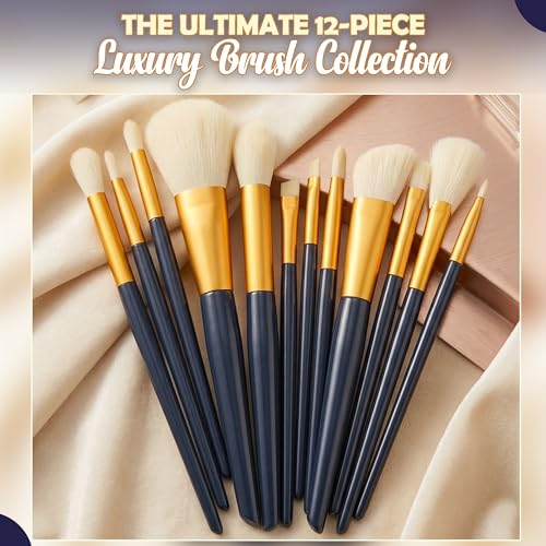 Image of GLUN Professional Makeup Brushes Set 12 Different Size Shape Brushes with Travel Cloth Bag, Complete Face & Eye Brush Kit for Foundation, Powder, Eyeshadow & Blending