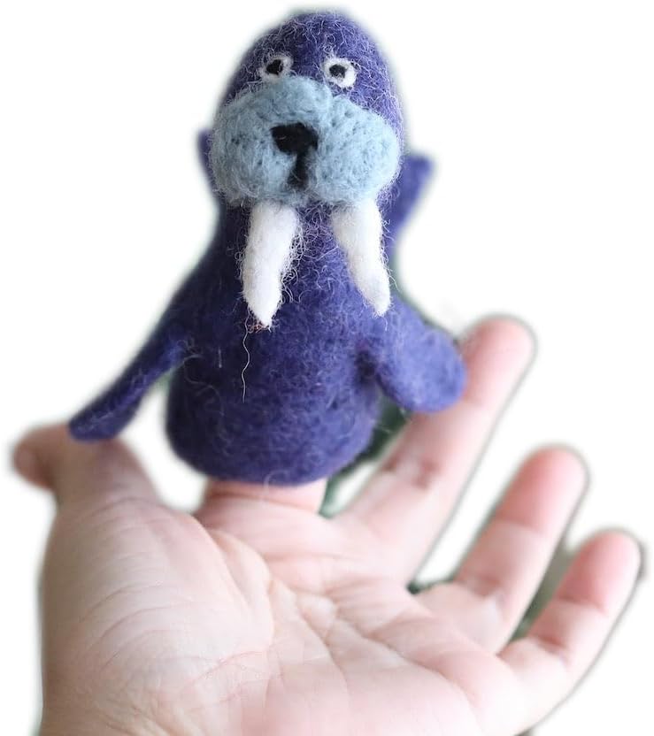 Handmade Walrus Finger Puppet, Walrus Finger Puppet, Sea Animal Finger Puppets, Wool Felt Walrus Puppet, Fair-Trade Puppet for Storytelling, Kids Educational Toy, Eco-Friendly Gift for Kids (Blue)