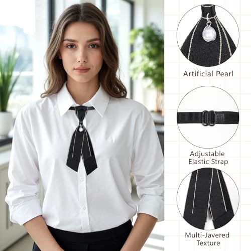 2 Pcs Bow Tie for Women Adjustable Womens Tie Girls Uniform Ties Pre Tied Womens Necktie with Pearl Embellishment Accessory for Shirt Cosplay School Formal Events (Black)3
