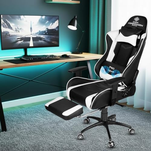 Image of Casa Copenhagen Racing,High-Back Italian Leather Gaming Ergonomic Chair with Advanced Mechanism & Electric Back Massage, Memory Foam Seating & Multi Function Arm-Rest - Sun White /Black