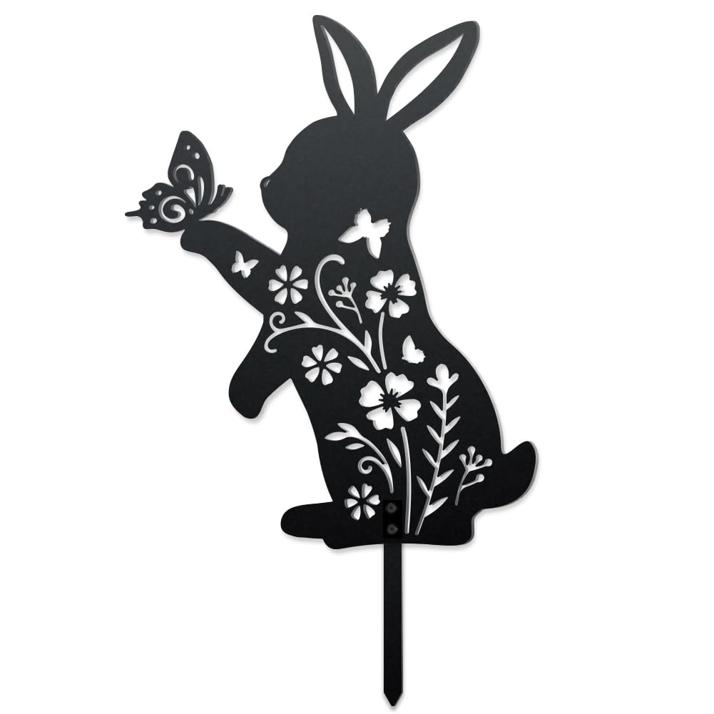 WADORN Bunny Rabbit Flower Metal Garden Stakes Decor, Iron Rabbit Outdoor Silhouette Stake for Yard Garden Lawn Patio Decor