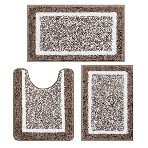 Pauwer Bathroom Rug Set - 3 Piece Shower Mats with U-Shaped Contour Toilet Mat, Absorbent Microfiber Plush Bath Mats, Non Slip, Machine Washable Shaggy Floor Mats