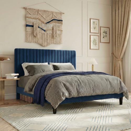 Image of SHA CERLIN Full Upholstered Platform Bed Frame with Vertical Channel Tufted Velvet Fabric Adjustable Headboard, Wooden Slats Support, Mattress Foundation, Box Spring Optional, Blue