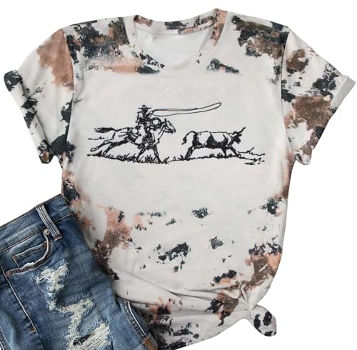 Retro Rodeo Shirt Women Cowgirl Bleached T Shirt Western Cowboy Rodeo Outfit Country Music Tee Short Sleeve Top