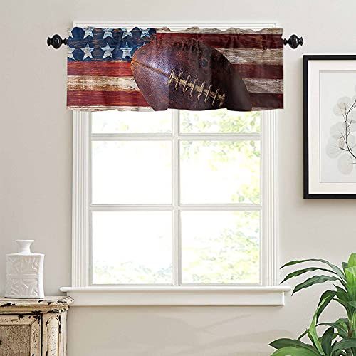 Window Valance Curtain Vintage American Flag And Football Sport Rod Pocket Kitchen Valances Shabby Red And White Stripes Light Filtering Short Curtains Window Treatment For Living Room 54"X18" #TOP19