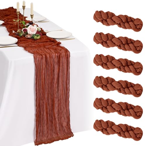 Showgeous Lot de 6 Chemins de Table Terracotta 55x300cm Mode Chemin de Table Bohèmes en Gaze,Boho en Tissu Froissé Mousseline Gaze de Coton Rustique pour...