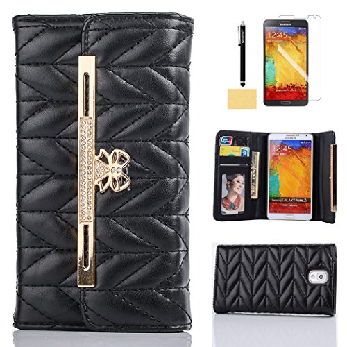 GoodPro [Noble Handbag Design] Leather Wallet Case Flip Cover with Card Holder Bundle with Screen Protector and Stylus for Samsung Galaxy Note 3 - Black
