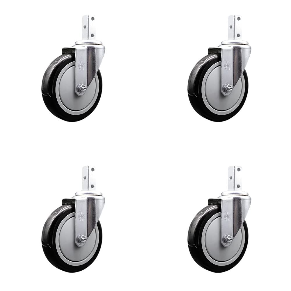 Swivel Square Stem Caster Set 4 w/5” x 1.25” Black Polyurethane Wheel - 3/4” x 2” Square Stem with (3) 17/64” Diameter Mounting Holes - Includes 4 Swivel-1400 lbs. Cpty/Caster - Service Caster Brand