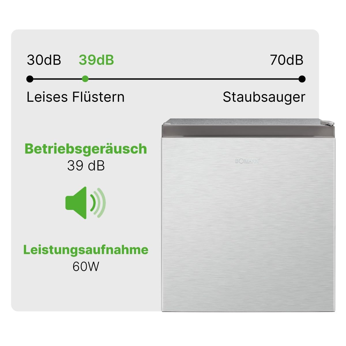 Bomann Mini Kühlschrank 45L mit Gefrierfach leise KB 7245 inox Türanschlag wechselbar