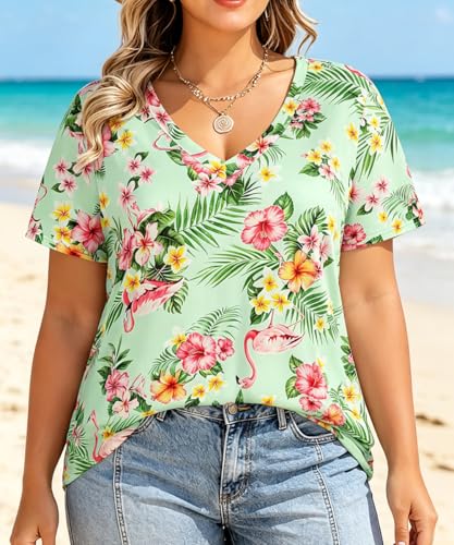 Image of RITERA Women Plus Size Tops Tie Dye V Neck Shirt Floral Camo Summer Short Sleeve Tunic Oversized Ladies Blouse XL-5XL