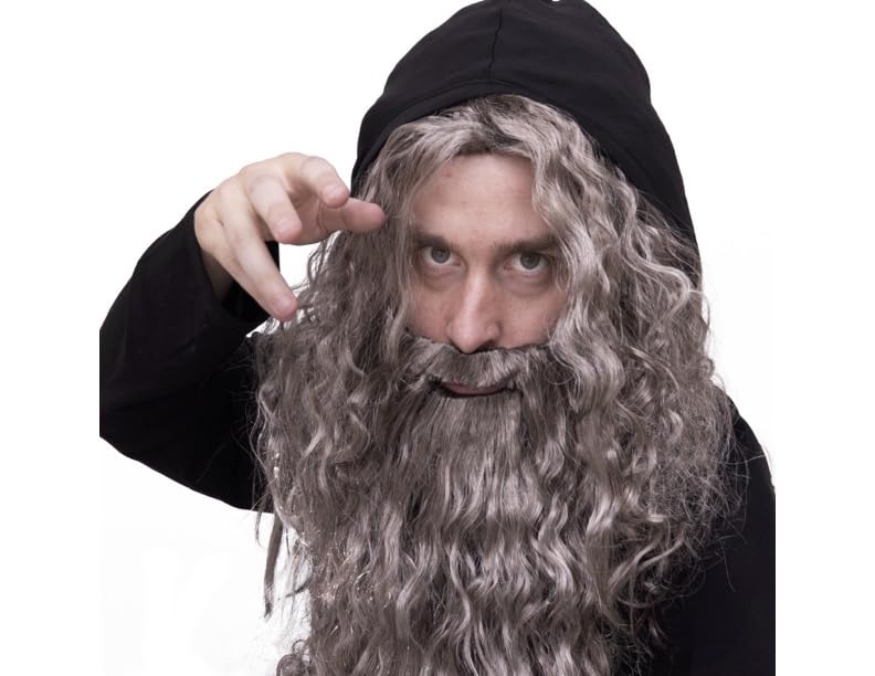 Happy Hippo Long, Gray Wizard Wig and Beard Set: Halloween Costume Wig For Men; Merlin; Mens Wig, Wigs For Men