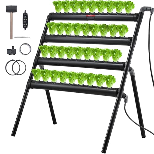 VEVOR Sistema de Cultivo Hidropónico, 36 Sitios, 4 Capas, Tubos de PVC Gris Oscuro, Kit de Cultivo Hidropónico con Bomba de Agua, Temporizador, Cestas y Esponjas para Frutas, Verduras, Hierbas