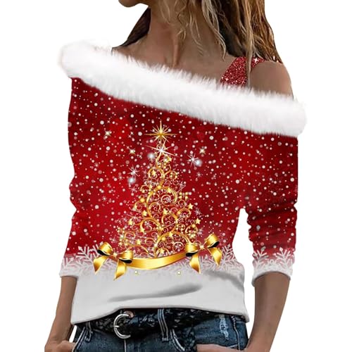 Weihnachtspullover Damen 3D Druck Plüsch Schulterfrei Langarm Pulli...