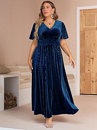 Image of Simplee Women's V Neck Velvet Maxi Dress Short Sleeve Empire Waist Long Formal Dress for Wedding Guest