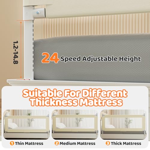 Bed Guard Rail for Toddlers - 74.8" Quick Assembly & Double Side Lift with Safety Child Lock - Adjustable Height Baby Bed Rails for Queen Full King Twin Crib Bunk Size Bed(Beige, 1 Pack)