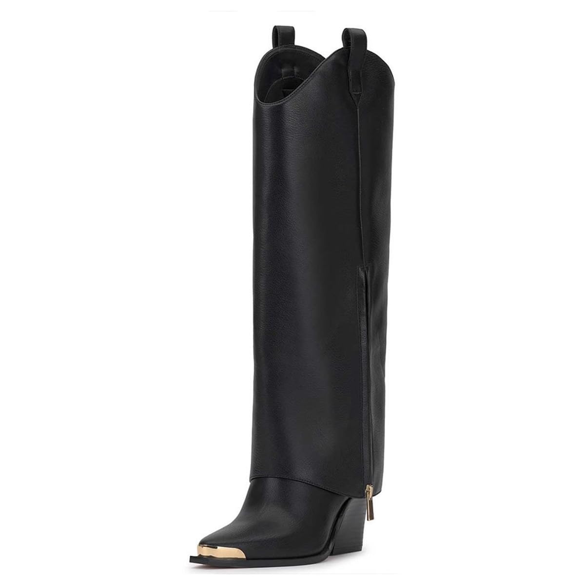 FOWT Women Pointed Toe Knee High Boots Chunky Block High Heel Long Boots Double Layered Pull on Fall