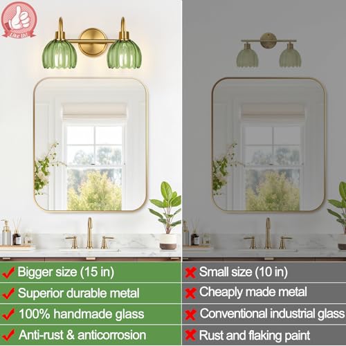 Image of 2-Light Bathroom Vanity Light, Brushed Gold Vanity Wall Light Over Mirror with Ribbed Green Tulip Glass Shade, Bathroom Light Fixtures for Bedroom, Living Room, Hallway