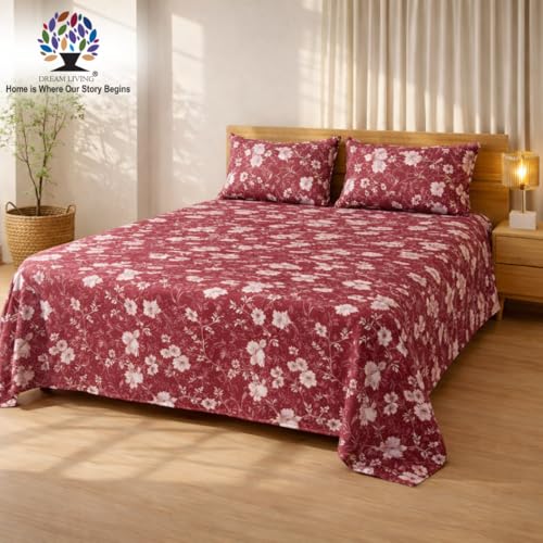 Image of Dream Living Printed Floral Double Bedsheet with 2 Pillow Covers | 120 GSM | 220x240 Cm | Maroon
