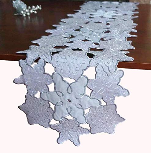 Holiday Embroidered Christmas Silver Snowflakes with Diamond Table Runner for Home Christmas Festival Decorations (1, Round 13×68inch（33×173cm）)